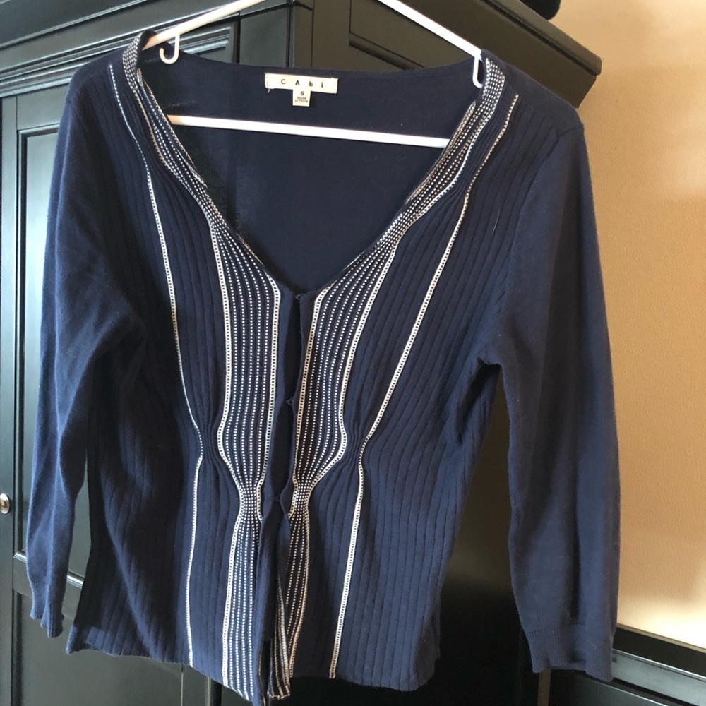 CAbi navy blue cardigan with cream embellishment